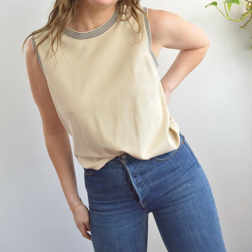 sweater knit silk blend tank with black striped banding around neck and sleeves